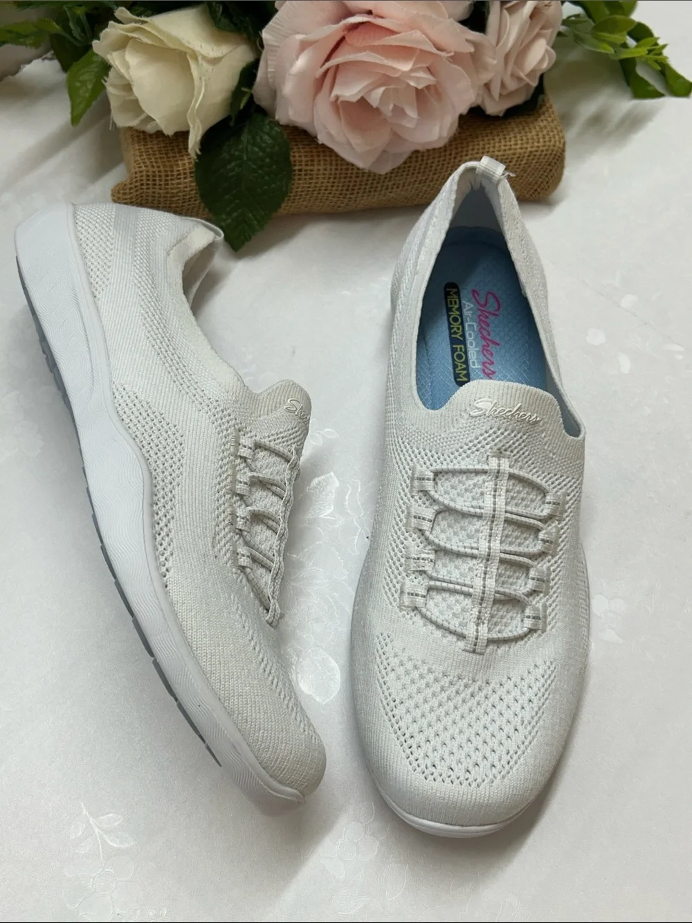 Skechers Women's White Slip-On Knit Sneaker with Elastic Laces